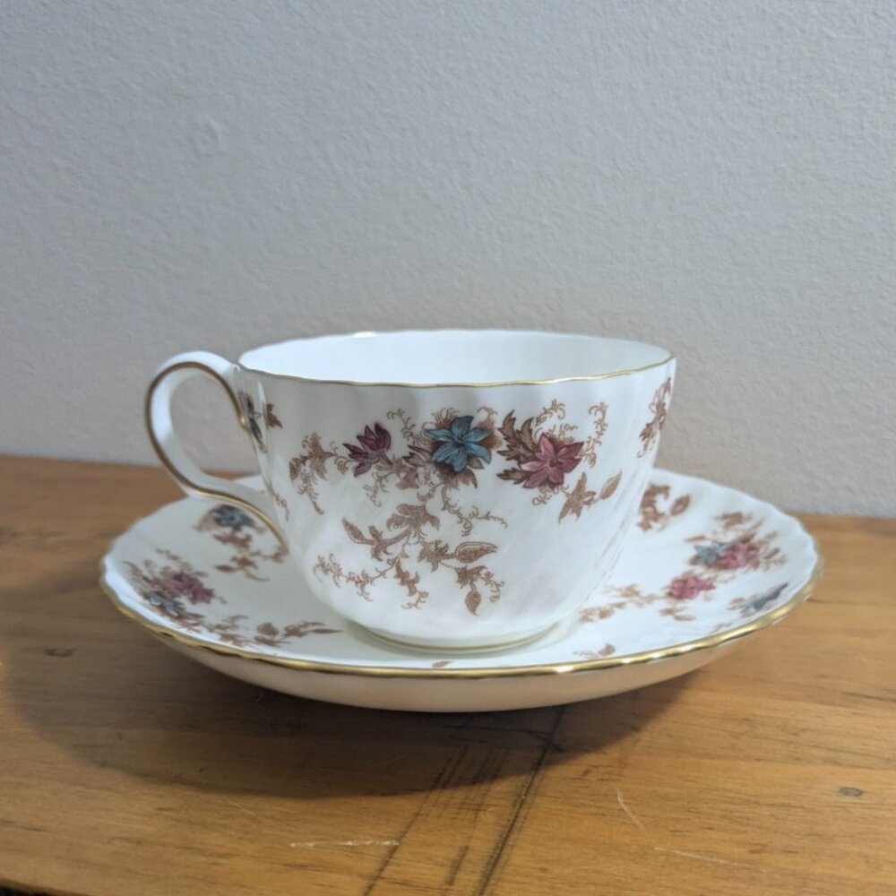 Minton Ancestral Bone China Tea Cup & Saucer Pink Blue Floral Gold Trim Vintage